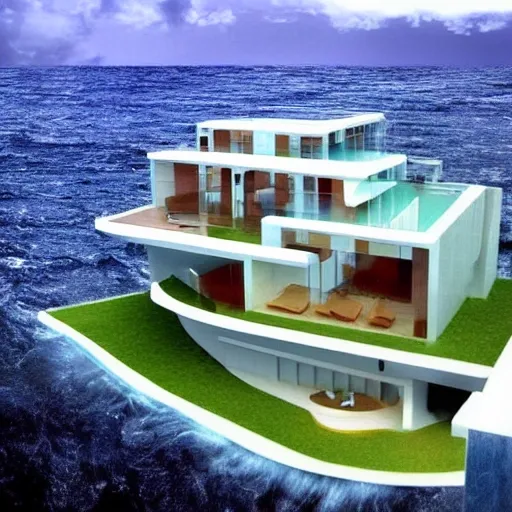 , Trippy, Trippy I want an ultra modern mansion on a hill with a stormy sea that shows the power of nature and all immensity  3d camera