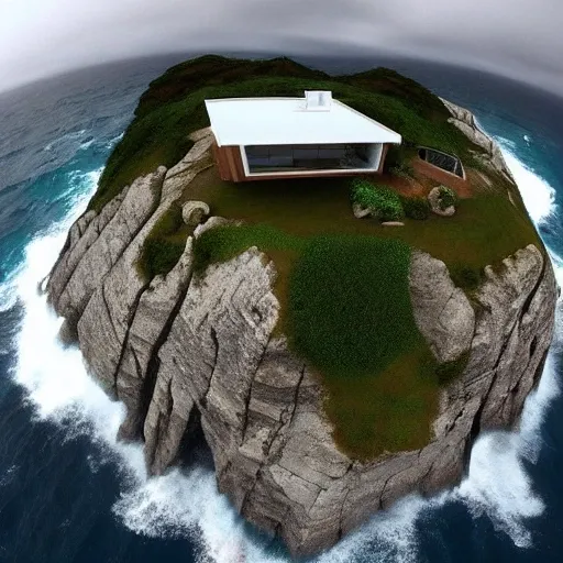 ,Trippy I want an ultra modern mansion on a hill with a stormy sea that shows the power of nature and all immensity  3d camera