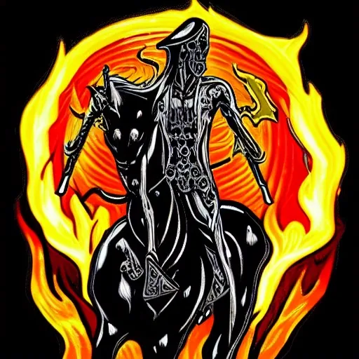 psychedelic reaper representing death with his sickle on his horse in flames