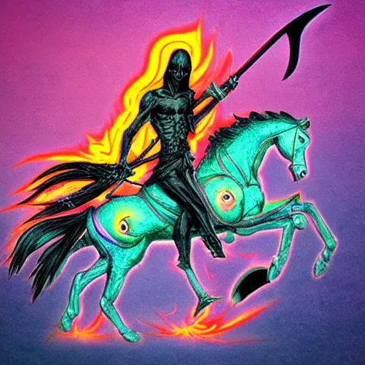 psychedelic reaper representing death with his sickle on his horse in flames, Trippy