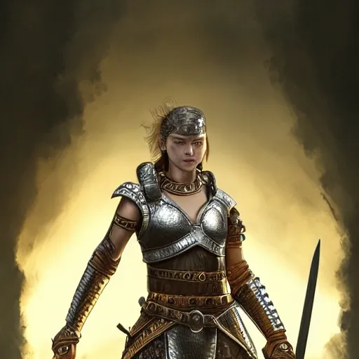 a full vertical portrait of a female Roman warrior with leather armor, cinematic light, high dynamic range, insane intricate detail, stunning cinematic effects, aesthetics, character portrait, gradient flat background, redshift style, painted portrait of a chain armor fighter, feminine, mature, beautiful, upper body, fantasy, intricate, elegant, highly detailed, digital painting, artstation, concept art, smooth, sharp focus, illustration