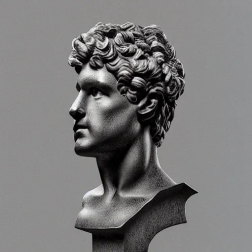 greek statue bust, with tech elements, micro realism, futuristic design, monochrome, high-quality, sculpture, Pencil Sketch