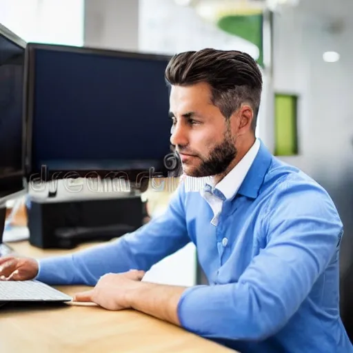  jeune homme trader, avec des cheveux bruns courts et des yeux bleus . Il est assis devant un ordinateur, plongé dans son activité de trading. L'ordinateur affiche des graphiques financiers détaillés, illustrant les fluctuations des marchés.  Le trader est habillé de manière élégante. Dans une ambience professionnel 