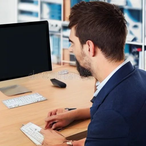  jeune homme trader, avec des cheveux bruns courts et des yeux bleus . Il est assis devant un ordinateur, plongé dans son activité de trading. L'ordinateur affiche des graphiques financiers détaillés, illustrant les fluctuations des marchés.  Le trader est habillé de manière élégante. Dans une ambience professionnel , 3D