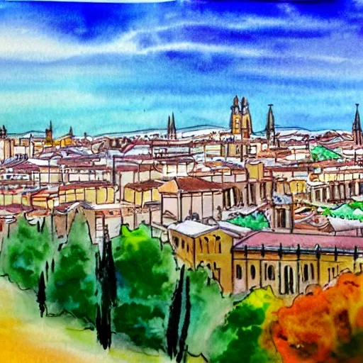 Skyline of Soria city in Spain, Water Color