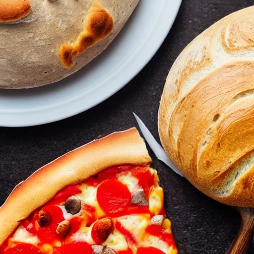 rounded bread mixed with half pizza, top view, white table. ultra realistic, detailed