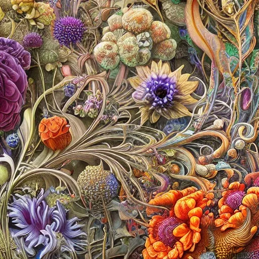 an ultra hd detailed painting of many different types of flowers by Android Jones, Earnst Haeckel, James Jean. behance contest winner, generative art, Baroque, intricate patterns, fractalism, rococo