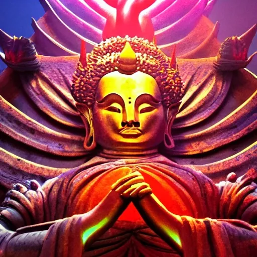 Gods, Supreme being, evil, samsara, demigods, monsters, epic battle, kung Fu, Buddha, Satan, Dominance, vivid colors, distant universe, karma, futuristic, psychedelic, DMT, ayahuasca, perception, ultra detailed, 8K, 4K, ultra sharp focus, glowing, raw, hyperrealism, insanely detailed, cinematic lighting, intrusive, dramatic light, low light, colorful, Clarity, Contrast, Sharpness, Detail, Balance, Composition, Lighting, Color, Focus, Depth