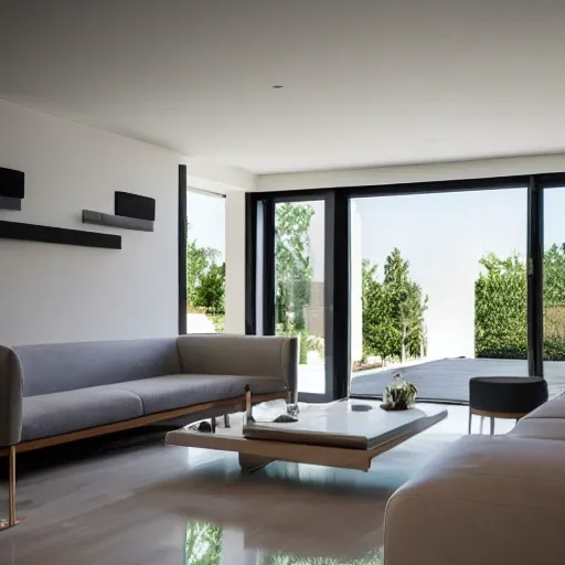 A modern living room with a beautiful white marble table between 2 white sofas ,on the left of the living room there are floor to ceiling glass window and on the right of the living room there are wooden stairs to the second floor, 8k resolution, professional interior design photograph