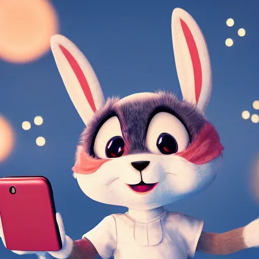 Smiling, happy, cute rabbit bunny working on a smartphone, long ears, lunar new year parade, celebration vibe,  red main color, congratulation, gongxi facai, fireworks, 3d render, unreal engine 5, 3D