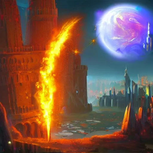 fantasy city, walls, towers, castles, magic towers, fireballs in the corners, all located on a ring planet, fantasy art
