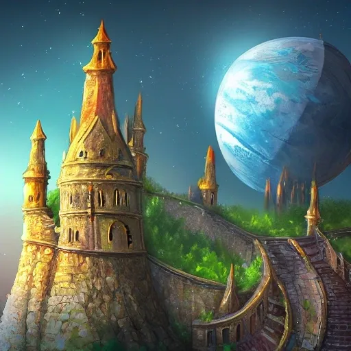 fantasy city, walls, towers, castles, magic towers, all located on a ring planet, fantasy art
