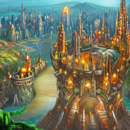 fantasy city, walls, towers, castles, magic towers, all located on a ring planet, fantasy art
