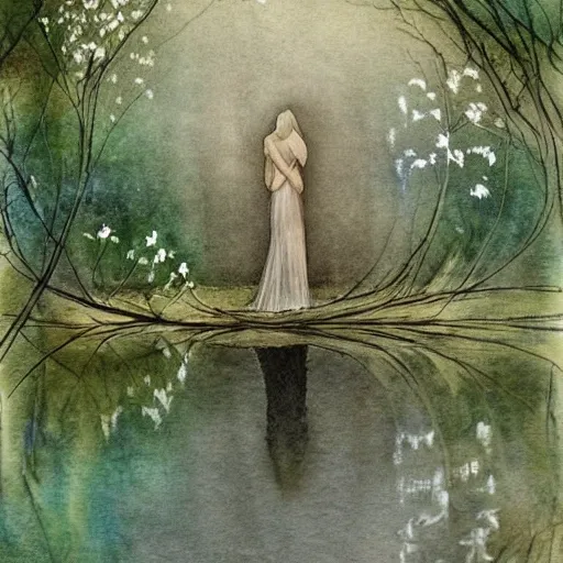 Within the depths of solitude, where memories linger like gentle whispers, a tapestry of emotions unfolds. Loneliness and the shadows of the past intertwine, creating a dance that echoes through forgotten lands. This artwork captures the delicate beauty of solitude's embrace, where cherished memories and reflections illuminate the sacred space of the human spirit., Water Color