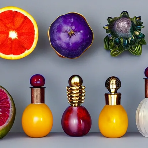 Set of perfume bottles with fragrance spaces and fruits