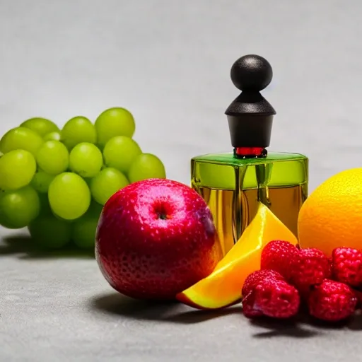 Set of perfume bottles with fragrance spaces and fruits, high quality presentation photo, photography 4k f1.8, 4k Canon Nikon