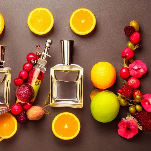 Set of perfume bottles with fragrance spaces and fruits, high quality presentation photo, photography 4k f1.8, 4k Canon Nikon
