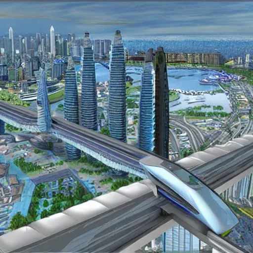 A futuristic city at penang, malaysia, full of flying car, monorail, and sky high building, penang bridge, penang komtar, with 3d style image