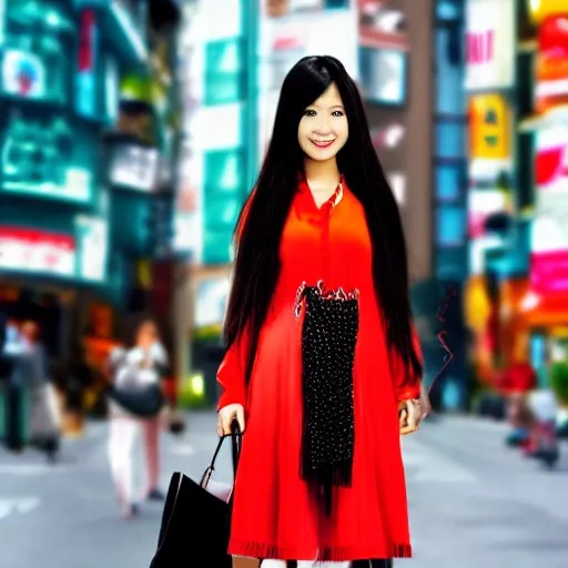 long hair asian lady at urban street with japan stylist outfit., Cartoon