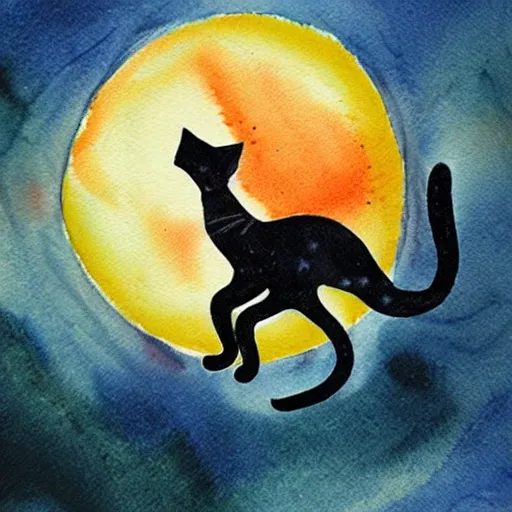 Cat walking to the moon, Water Color