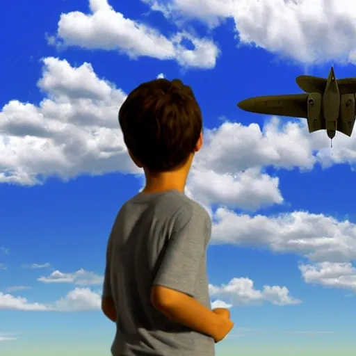 boy looking at warplanes heading towards the city in the clouds, realistic, 3D