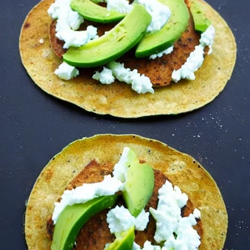 Desayuno: Tostadas integrales con aguacate y queso fresco.  2 rebanadas de pan integral. 1/2 aguacate. 50 g de queso fresco., 3D