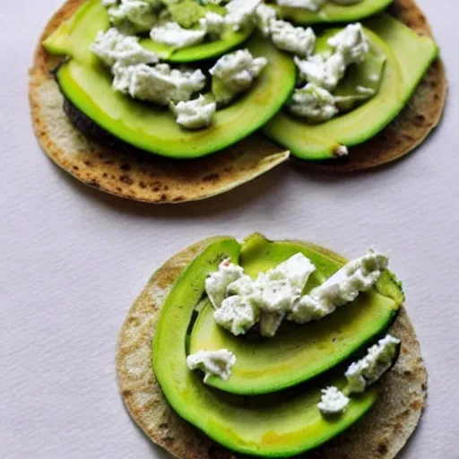 Desayuno: Tostadas integrales con aguacate y queso fresco. ingredientes 2 rebanadas de pan integral. 1/2 aguacate. 50 g de queso fresco., 3D