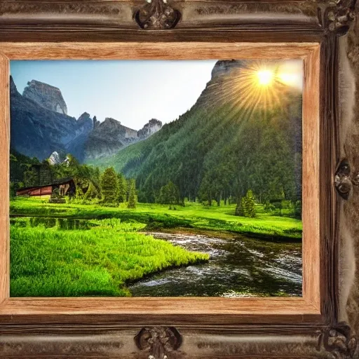 mountain house, wooden logs with moss, bucolic dolomitic landscape, sunset, warm light, green meadow with grazing cows, small lake where the mountain is reflected, 3D