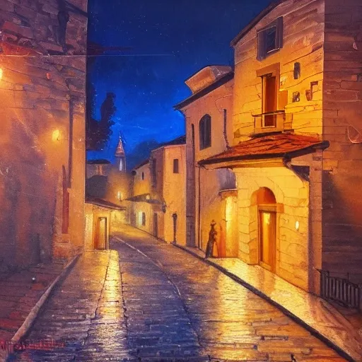 masterpiece, best quality, Balkan adriatic city at night, late autumn, almost empty streets, old town, herceg novi, kotor, trebinje, trippy, Concept Art, Beautiful Lighting, Melancholic, trending on Artstation, Oil Painting