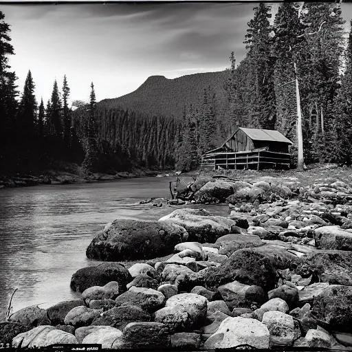 Subject: Cabin near a river.
Descriptions: Rustic, wooden, tiled roof, large windows.
Environment descriptions: Dark night, starry sky, cool breeze, sounds of nocturnal animals, calm river.
Mood/atmosphere descriptions: Sense of peace, romance, intimacy, tranquility, nostalgia, melancholy.
Artistic medium and techniques: Black and white photography, long exposure, tripod, use of wide-angle lens to capture the entire landscape.
Artists, illustrators, painters, or movements: Ansel Adams, Edward Weston, Group f/64.
Camera settings: Digital SLR camera, low ISO, wide aperture, slow shutter speed.