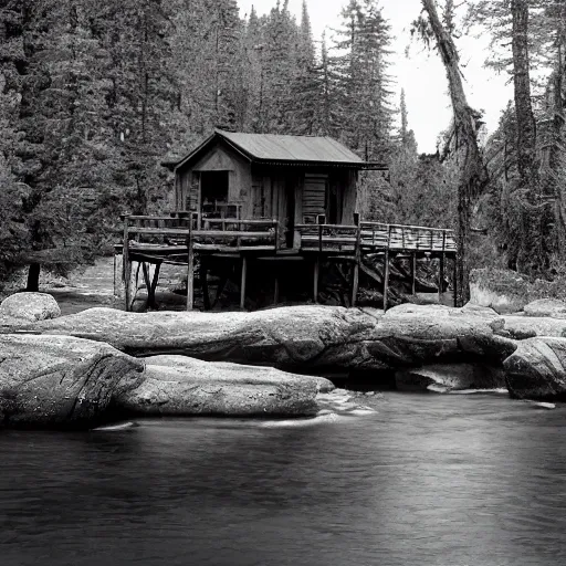 Subject: Cabin near a river.
Descriptions: Rustic, wooden, tiled roof, large windows.
Environment descriptions: Dark night, starry sky, cool breeze, sounds of nocturnal animals, calm river.
Mood/atmosphere descriptions: Sense of peace, romance, intimacy, tranquility, nostalgia, melancholy.
Artistic medium and techniques: Black and white photography, long exposure, tripod, use of wide-angle lens to capture the entire landscape.
Artists, illustrators, painters, or movements: Ansel Adams, Edward Weston, Group f/64.
Camera settings: Digital SLR camera, low ISO, wide aperture, slow shutter speed.