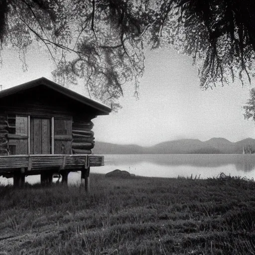 Subject: Cabin near a river.
Descriptions: Rustic, wooden, tiled roof, large windows.
Environment descriptions: Dark night, starry sky, cool breeze, sounds of nocturnal animals, calm river.
Mood/atmosphere descriptions: Sense of peace, romance, intimacy, tranquility, nostalgia, melancholy.
Artistic medium and techniques: Black and white photography, long exposure, tripod, use of wide-angle lens to capture the entire landscape.
Artists, illustrators, painters, or movements: Ansel Adams, Edward Weston, Group f/64.
Camera settings: Digital SLR camera, low ISO, wide aperture, slow shutter speed.