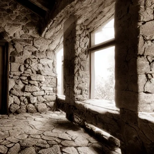 Subject: Interior of an old Galician stone rural house.
Descriptions: Rustic, authentic, aged, wooden table and chairs, stone walls and floors, door to the left, window to the right.
Environment descriptions: Dim lighting, shadows and highlights cast by the sunlight through the window, quiet and stillness, dusty and abandoned feeling.
Mood/atmosphere descriptions: Nostalgia, longing, melancholy, reflection, contemplation.
Artistic medium and techniques: Black and white photography, high-resolution image, sharp focus, use of natural light and shadows to enhance texture and depth.
Artists, illustrators, painters, or movements: Edward Hopper, Henri Cartier-Bresson, Bauhaus.
Camera settings: Nikon D850, 24mm lens, low aperture (f/2.8 or lower) for shallow depth of field, fast shutter speed (1/250 sec or faster) to freeze any movement.