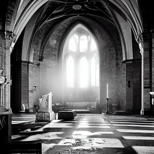 Subject: Abandoned and semi-ruined Romanesque church.
Descriptions: Crumbling stone walls, faded frescoes, broken stained glass windows, debris scattered on the ground, altar in the distance.
Environment descriptions: Dark and eerie, musty smell, silence interrupted only by occasional creaks and drips, beams of light shining through the holes in the roof.
Mood/atmosphere descriptions: Haunting, desolate, melancholy, mysterious, spiritual.
Artistic medium and techniques: Black and white photography, high contrast, sharp focus on the altar, use of natural light and shadows to create a dramatic effect.
Artists, illustrators, painters, or movements: Ansel Adams, Henri Cartier-Bresson, Gothic art.
Camera settings: Nikon D850, 50mm lens, low aperture (f/2.8 or lower) for shallow depth of field, fast shutter speed (1/250 sec or faster) to freeze any movement.