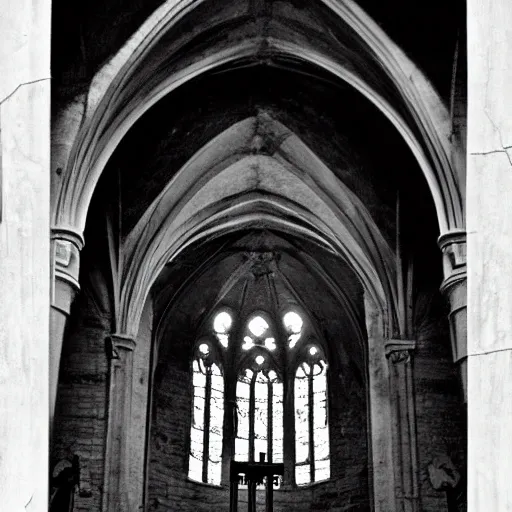 Subject: Abandoned and semi-ruined Romanesque church.
Descriptions: Crumbling stone walls, faded frescoes, broken stained glass windows, debris scattered on the ground, altar in the distance.
Environment descriptions: Dark and eerie, musty smell, silence interrupted only by occasional creaks and drips, beams of light shining through the holes in the roof.
Mood/atmosphere descriptions: Haunting, desolate, melancholy, mysterious, spiritual.
Artistic medium and techniques: Black and white photography, high contrast, sharp focus on the altar, use of natural light and shadows to create a dramatic effect.
Artists, illustrators, painters, or movements: Ansel Adams, Henri Cartier-Bresson, Gothic art.
Camera settings: Nikon D850, 50mm lens, low aperture (f/2.8 or lower) for shallow depth of field, fast shutter speed (1/250 sec or faster) to freeze any movement.