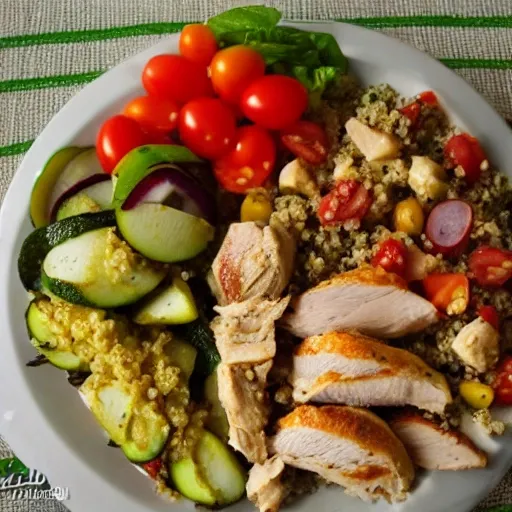 •	Almuerzo: Ensalada de pollo a la parrilla con quinoa.

ingredientes:

	Ensalada de pollo a la parrilla:
	150 g de pollo.
	50 g de quinoa.
	Verduras mixtas (lechuga, tomate, pepino, etc.).

