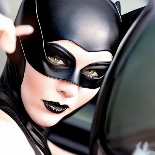 @Sherlyncdmx1, cat woman, close up highly detailed, over a fast car