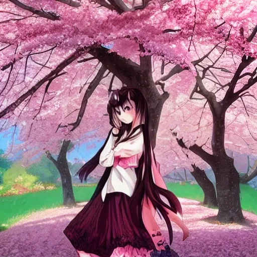 Anime girl enjoying the beauty of cherry blossoms in bloom on Craiyon