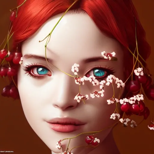 the portrait of the absurdly beautiful, graceful, elegant, gorgeous, fashionable photorealistic anime european woman made of cherries and white petals with tears, an ultrafine hyperrealistic illustration by kim jung gi, irakli nadar, intricate linework, bright colors, octopath traveler, final fantasy, unreal engine highly rendered, global illumination, radiant light, intricate environment