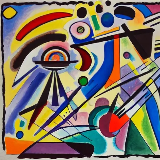 kandinsky painting with an atomic bomb explosion motif, bold lines only three shapes, bold vivid gradient colors, high contrast, large shapes, dark earth tones, HDR, big shapes, Water Color