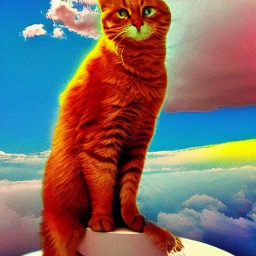 chat coloré de bleu, blanc, vert, jaune, rouge, sur un nuage flottant dans un ciel étoile,, Trippy