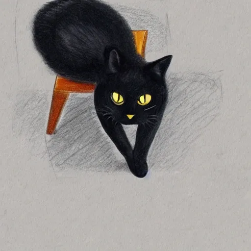 Black cat on chair, storyboard, pencil, 16:9 aspect ratio, full body shot