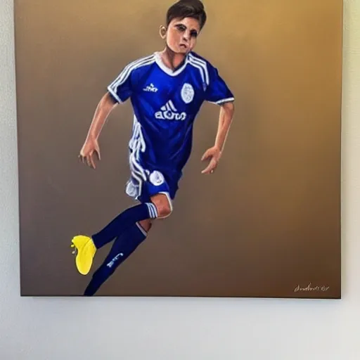 Genera una persona que sea portero de un equipo juvenil de futbol, este individuo tendrá un color de piel oscuro y su cabello estará un poco despeinado. , Oil Painting