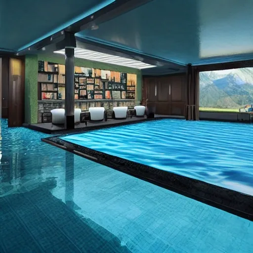 Immense poolroom, with trasparent water, 3D, hyperdetailed, realistic, nostalgic, shadow in background, grand angle, high definition