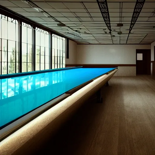 Immense empty poolroom, with trasparent water, 3D, hyperdetailed, realistic, nostalgic, shadow in background, grand angle, high definition, 3D