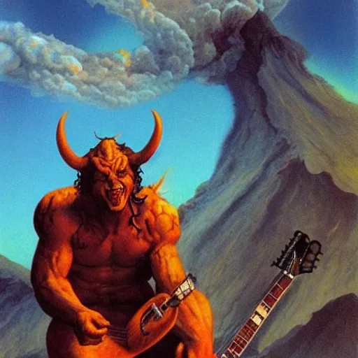 The devil on the top of a volcano playing Electric guitar, hell, fire, 3D, hyperrealistic, 4k, demons, HD, art by Boris Vallejo and Frank Frazetta