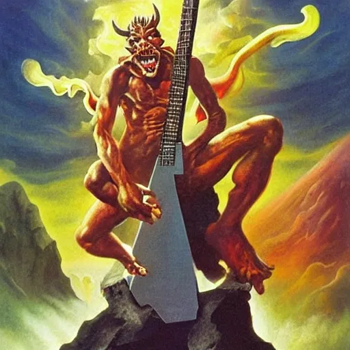 The devil on the top of a volcano playing Electric guitar, hell, fire, 3D, hyperrealistic, 4k, demons, HD, art by Boris Vallejo and Frank Frazetta, Trippy