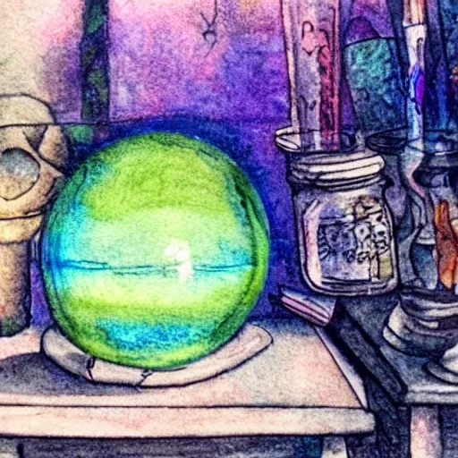 crystal ball on a small table in a medieval wizard's laboratory, Water Color, Trippy, 3D