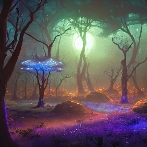 concept art painting of a fantasy alien fungal landscape at night, with glowing blue lights, glowing blue trees, dark purple sky, realistic, detailed, cel shaded, in the style of makoto shinkai and greg rutkowski and albert bierstadt and james gurney 