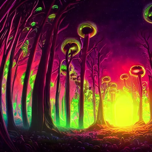 fantasy alien landscape at night, with glowing vibrant lights, glowing trees, dark ominous sky, realistic, detailed, cel shaded, futuristic, sci-fi, highly detailed, widescreen resolution, 8K, wallpaper, psychedelic, tripping, , Fantasy, Cinematic, Fisheye Lens, Landscape, Portrait, Warm Color Palette, Oil Painting, Trippy